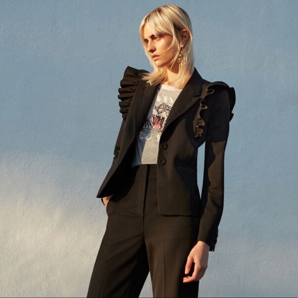 Rebecca Taylor Tuxedo Wool Ruffle Blazer Black